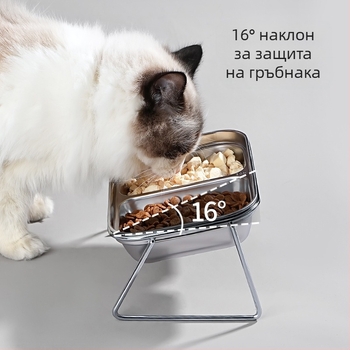 Нова котешка купа от неръждаема стомана 304 с двойна купа за храна и вода, вградена котешка купа, защита на врата, антидетонационна храна за домашни любимци на едро