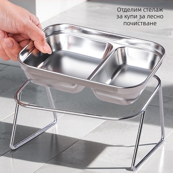 Нова котешка купа от неръждаема стомана 304 с двойна купа за храна и вода, вградена котешка купа, защита на врата, антидетонационна храна за домашни любимци на едро