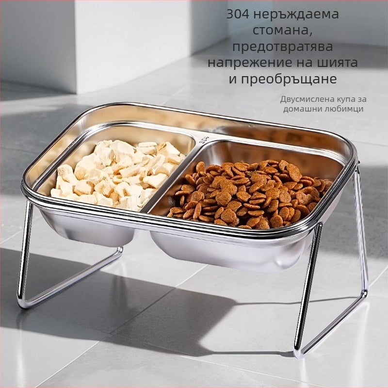 Нова котешка купа от неръждаема стомана 304 с двойна купа за храна и вода, вградена котешка купа, защита на врата, антидетонационна храна за домашни любимци на едро