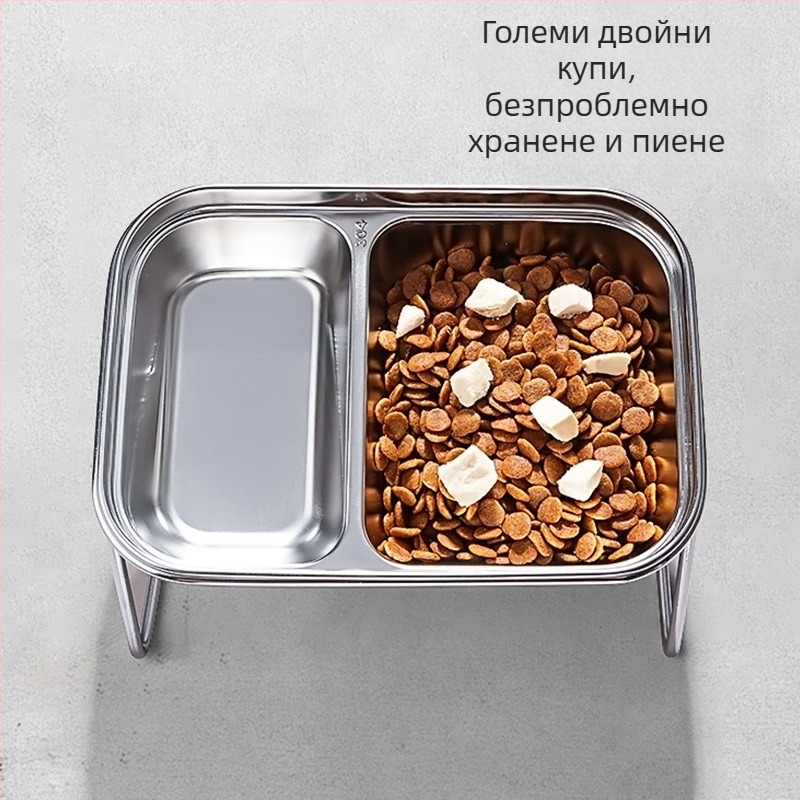Нова котешка купа от неръждаема стомана 304 с двойна купа за храна и вода, вградена котешка купа, защита на врата, антидетонационна храна за домашни любимци на едро