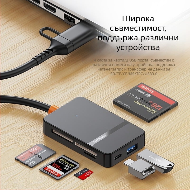 Нов USB3.0/TYPE-C четец за четири карти SD/TF/CF/MS, многофункционален, високоскоростен