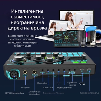 Трансгранична звукова карта, костюм на живо за мобилен телефон, компютър на живо 48V фентъзи захранване, персонализиран звук, игра, караоке