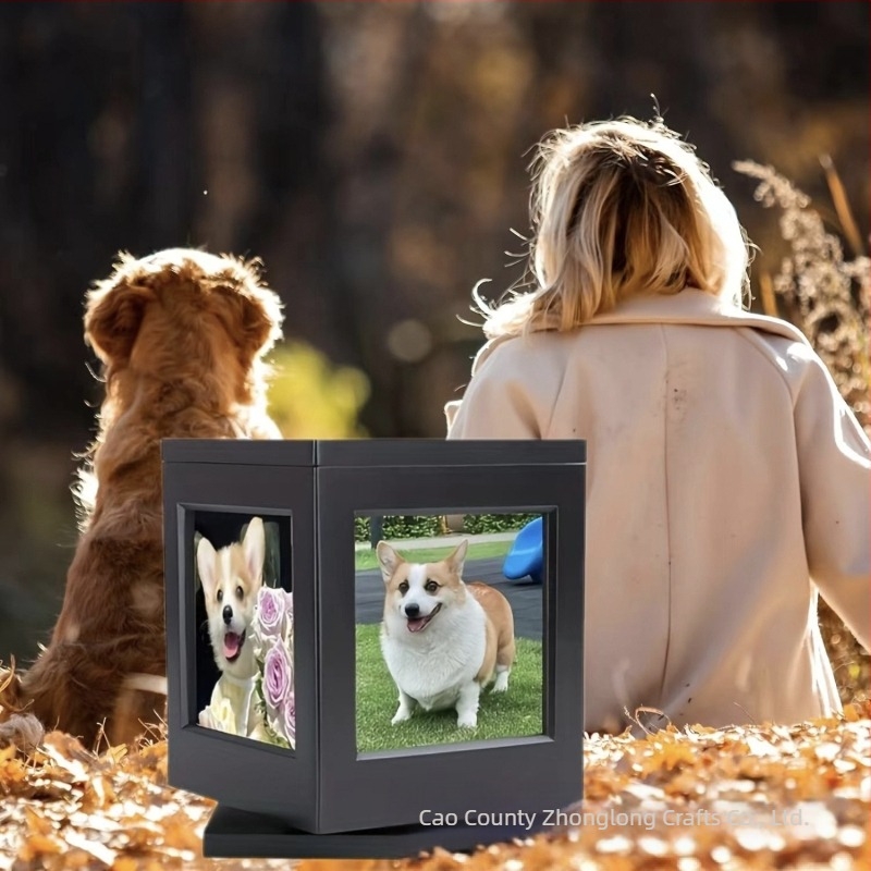 Дървена урна за домашни любимци, въртяща се основа с фоторамка, кутия за ковчег за кучета, кутия за кремация на паметник на котка