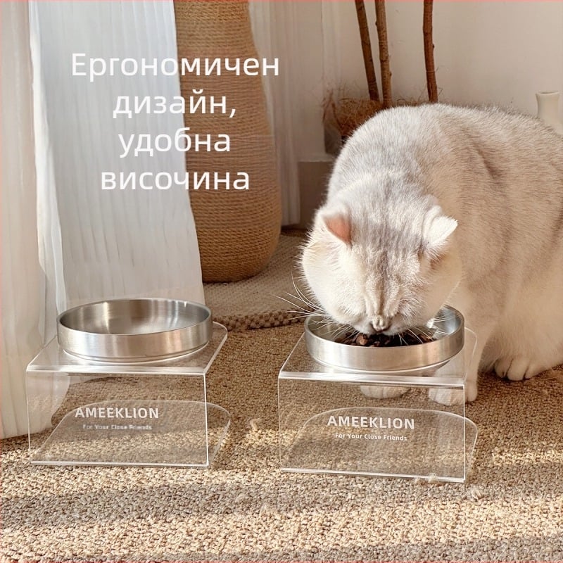 Купа за котки от неръждаема стомана с висока стойка от акрил, повдигната стойка, предпазва шийния отдел на гръбначния стълб, купа за кучета, купа за кучета с голям диаметър, купа за вода за домашни любимци, купа за храна