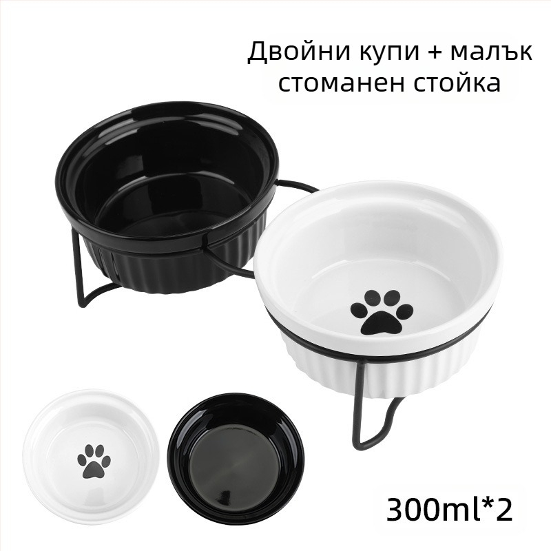 Керамична купа за котки с висока защита за крака и врата, двойна рамка за фиксиране на купа, защита от преобръщане, леген за храна за котки и кучета, накланяща се купа за вода, домашни любимци