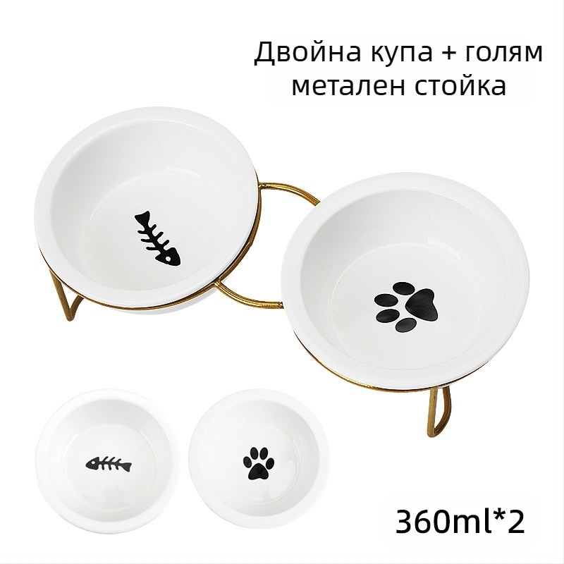 Керамична купа за котки с висока защита за крака и врата, двойна рамка за фиксиране на купа, защита от преобръщане, леген за храна за котки и кучета, накланяща се купа за вода, домашни любимци