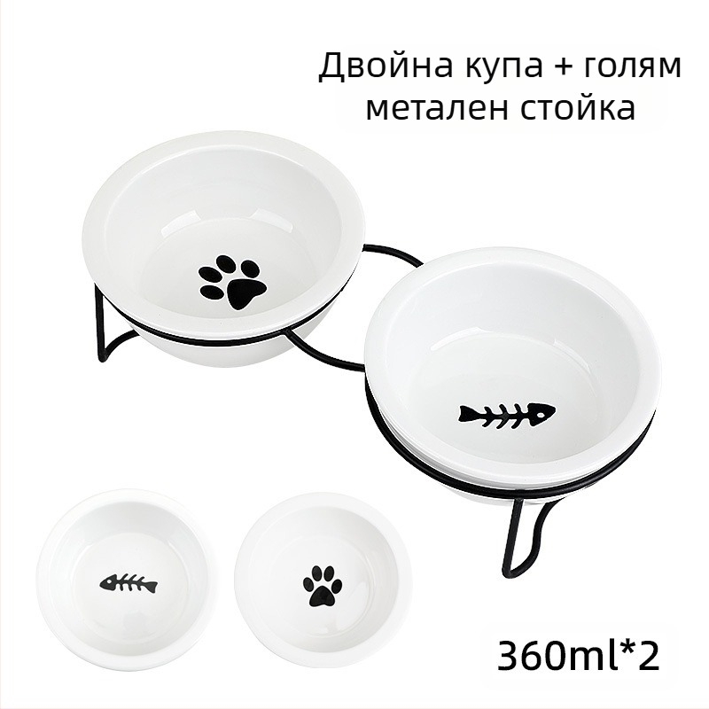 Керамична купа за котки с висока защита за крака и врата, двойна рамка за фиксиране на купа, защита от преобръщане, леген за храна за котки и кучета, накланяща се купа за вода, домашни любимци