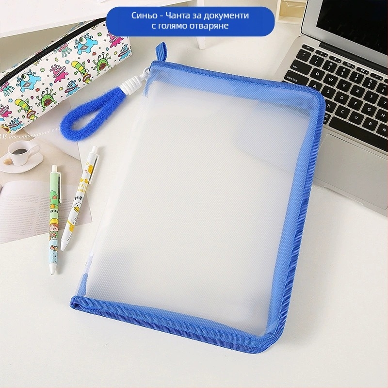 Ins Студентска чанта за файлове A4 с цип, голям капацитет, прозрачна тестова хартия, учебник, сортиране, преносима чанта за съхранение