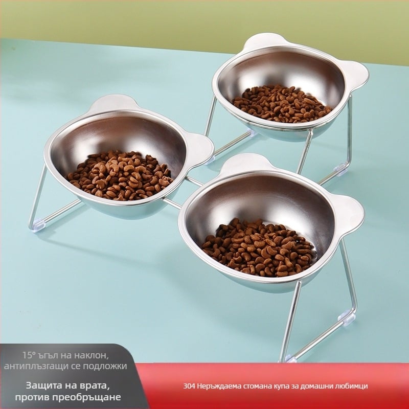 Купа за котки от неръждаема стомана 304, купа за вода за котки, поилка за вода за домашни любимци, защита за врата на домашния любимец, повдигната стойка, купа за кучета, купа за храна за котки, купа за ориз