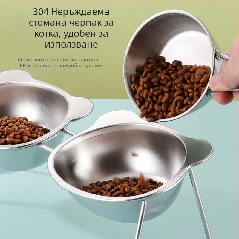 Купа за котки от неръждаема стомана 304, купа за вода за котки, поилка за вода за домашни любимци, защита за врата на домашния любимец, повдигната стойка, купа за кучета, купа за храна за котки, купа за ориз