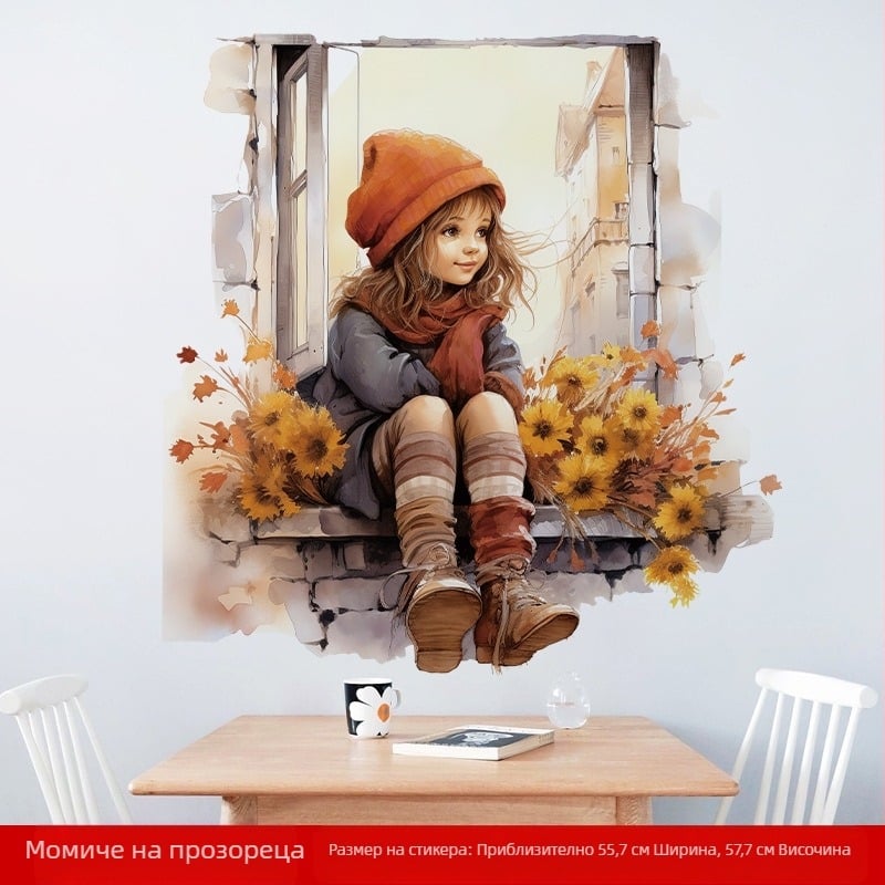 CH66006 прозорец малко момиченце 3D стереоскопичен хол спалня фон стена коридор веранда фон декоративни стикери