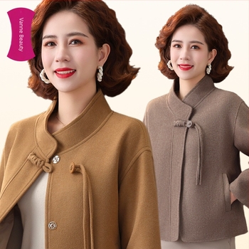 Пролетно вълнено палто 2025, нов стил, за майки, нов висок клас жилетка с копчета в китайски стил, търговия на едро с облекло за жени на средна и по-възрастни възрасти