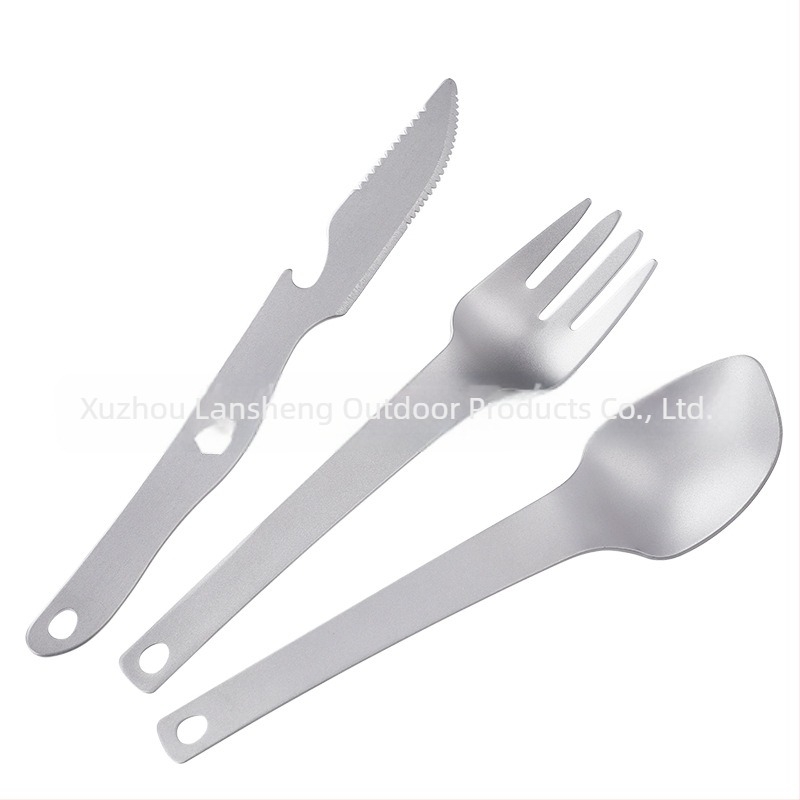 Комплект лъжици и вилици за ориз от чист титан, многофункционален комплект от три части, титаниева вилица, титаниева лъжица, титаниев нож, титаниеви прибори за хранене.