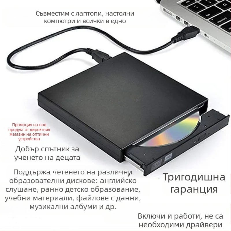 DVD външно оптично устройство, Blu-Ray USB, CD плейър без драйвери, компютър, четене на VCD, външна записвачка на оптични дискове