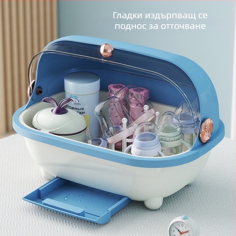 Кутия за съхранение на бебешки шишета, инструмент за хранителни добавки, стойка за отцеждане, бебешки прибори за хранене, прахоустойчива кутия за съхранение с голям капацитет и отварящ се капак