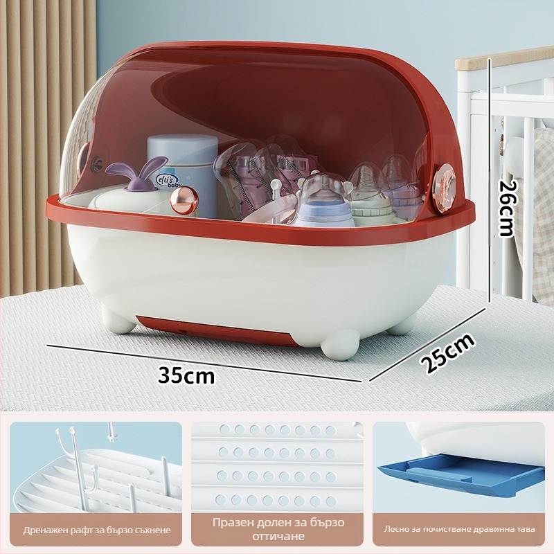 Кутия за съхранение на бебешки шишета, инструмент за хранителни добавки, стойка за отцеждане, бебешки прибори за хранене, прахоустойчива кутия за съхранение с голям капацитет и отварящ се капак