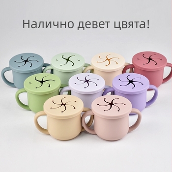 Най-продаваната детска силиконова чашка за закуски с двойно ухо и отвор, специална учебна чашка за пиене за кърмачета и малки деца, консумативи за майки и бебета, чашка за пиене на бебета