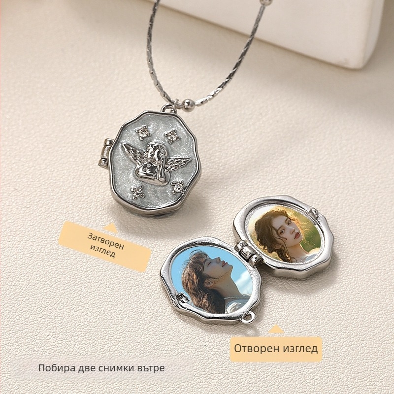Трансгранично популярно колие с фото кутия, галванично покритие, запазващо цвета, персонализирано висулка с ангел, преносимо отварящо се колие за възпоменателен фотоалбум