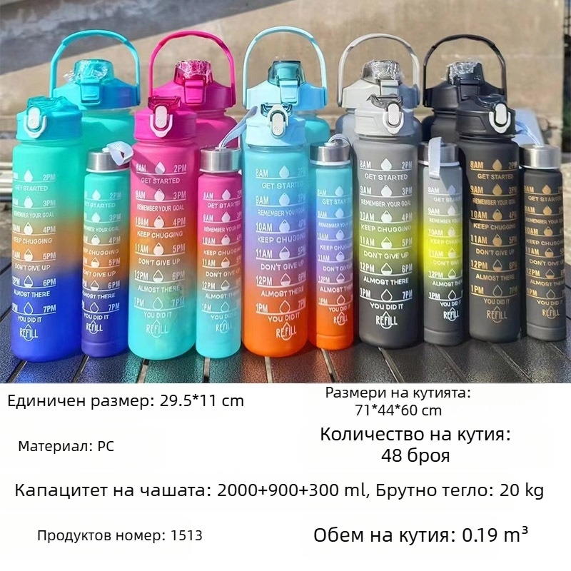 Комплект от три чаши, пластмасова чаша за вода с градиентен цвят, спортна бутилка за вода, капак с отварящ се капак, комплект чаши с цветовете на дъгата, преносима, херметична