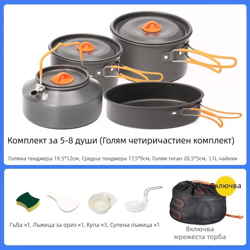 Трансгранична доставка на къмпинг съдове за готвене, кана за вряща вода, преносими къмпинг прибори за хранене, комплект тенджери, тиган, оборудване за готвене