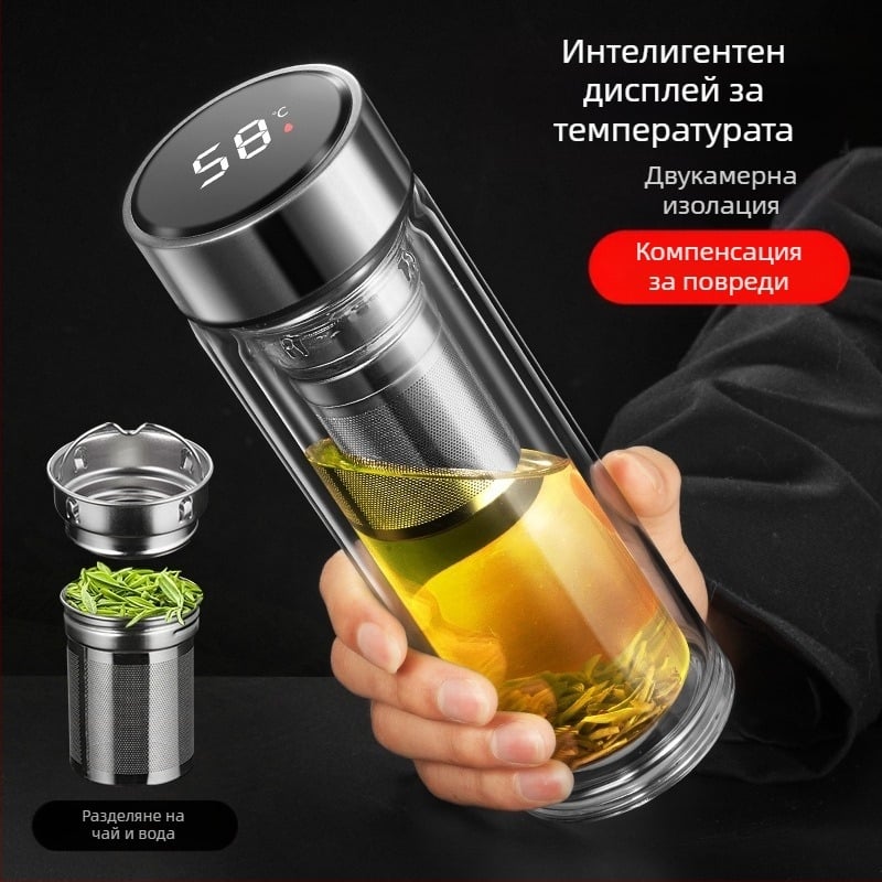 Умна стъклена чаша за вода, двуслойна, за накисване на чай, мъжка, прозрачна с топъл дисплей, разделяне на водата, изолация, чаша за вода
