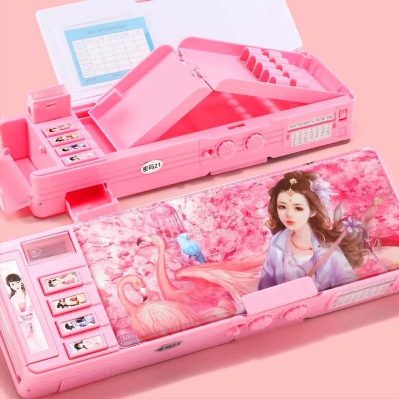 Калъф за моливи с парола + безплатна верижка за химикалки за бяла дъска, многофункционален двуслоен калъф за моливи с голям капацитет за мъже и жени, дизайн с астронавт