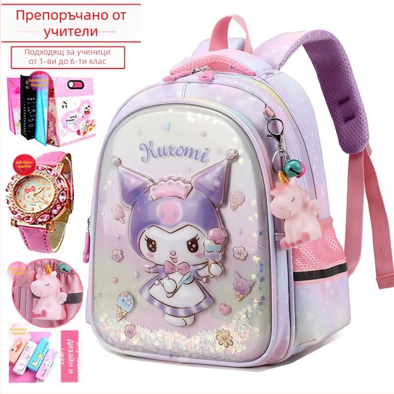Нова ученическа чанта Kuromi за жени, детска градина, среден и голям клас, лека предучилищна, намаляваща тежестта на детската сладка анимационна раница