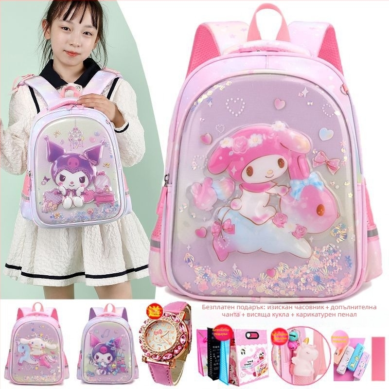 Нова ученическа чанта Kuromi за жени, детска градина, среден и голям клас, лека предучилищна, намаляваща тежестта на детската сладка анимационна раница