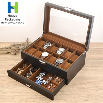 Нова кутия за часовници на едро, черна матова, 12 двуслойна кутия за бижута за часовници, дървена боядисана кутия за съхранение на бижута
