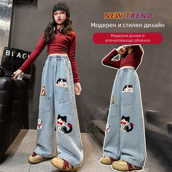 Дамски къси, широки, прави панталони Puff Light Cute Puppy Sticker Jeans, пролетни и есенни