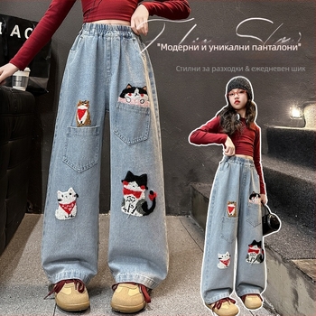 Дамски къси, широки, прави панталони Puff Light Cute Puppy Sticker Jeans, пролетни и есенни