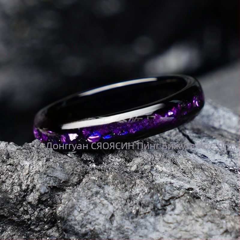 Летен нов романтичен венчален пръстен 4 мм галванизирана черна волфрамова стомана инкрустирана с лилав чакъл дамски подарък на едро