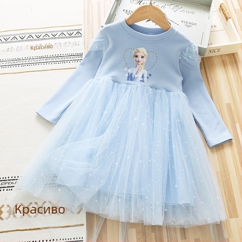 Рокля за момичета 2025 Есенна и зимна бебешка памучна рокля с дълъг ръкав от мрежа за малко момиченце, рокля със звездна принцеса Елза