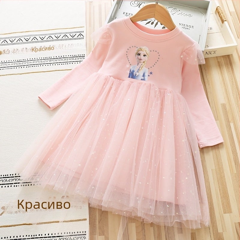 Рокля за момичета 2025 Есенна и зимна бебешка памучна рокля с дълъг ръкав от мрежа за малко момиченце, рокля със звездна принцеса Елза