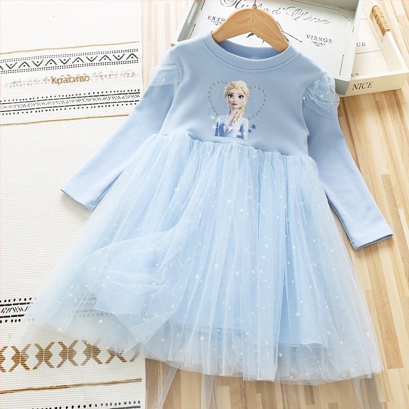 Рокля за момичета 2025 Есенна и зимна бебешка памучна рокля с дълъг ръкав от мрежа за малко момиченце, рокля със звездна принцеса Елза