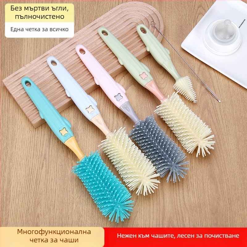 Четка за шишета, трикомпонентна силиконова четка за почистване на бебешки продукти, въртяща се всмукателна четка, подходяща за четка за зърна, четка за чашки