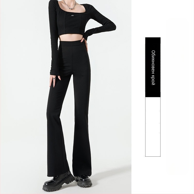 Черни микроразкроени панталони за жени, есен 2025, еластични, стягащи, с висока талия, тънки, с конски копита, дълги до пода, ежедневни панталони за жени