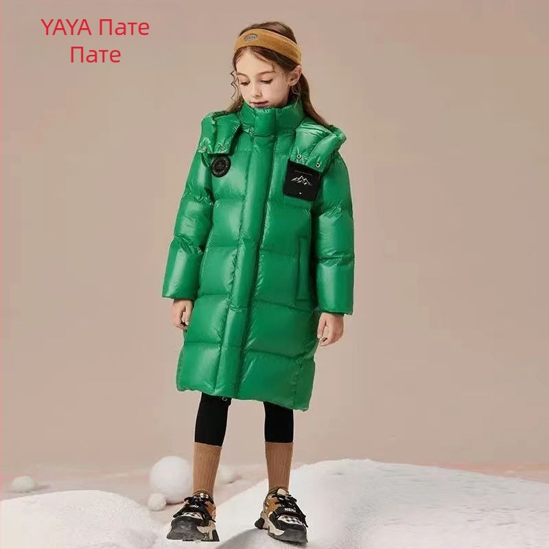 3QR детско пухено яке, зима 2023, ново 90, бяло патешко пухено яке, средно голямо, детско, средно дълго, удебелено, черно-златистo, модно