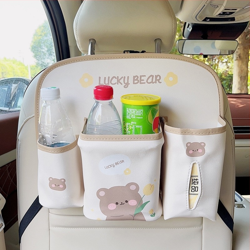 Чанта за съхранение в кола, висяща чанта, сладка анимационна кожена чанта за съхранение с облегалка за стол за кола, многофункционална чанта за съхранение на консумативи за жени