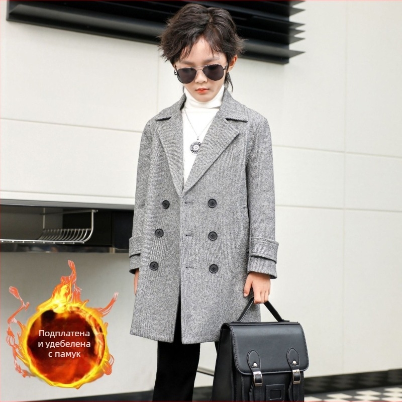 Вълнено палто за момчета, есенно и зимно, универсално, ветроуловително, топло, средно дълго, детско вълнено палто в корейски стил