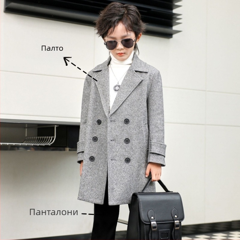 Вълнено палто за момчета, есенно и зимно, универсално, ветроуловително, топло, средно дълго, детско вълнено палто в корейски стил