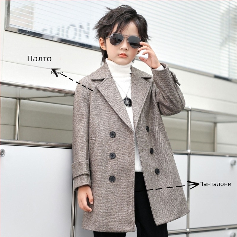 Вълнено палто за момчета, есенно и зимно, универсално, ветроуловително, топло, средно дълго, детско вълнено палто в корейски стил