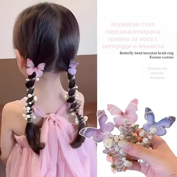 Детски пръстен за коса с пеперуда и перли, телефонна линия, за момичета, опашка с мехурчета, плитка за коса, въже за коса, за момичета, вратовръзка за коса