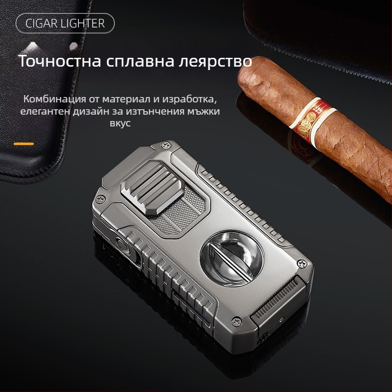 Креативна запалка за пури „Пет в едно“ с три пламъка, предлагана с V-образен нож за пури, преносима многофункционална запалка