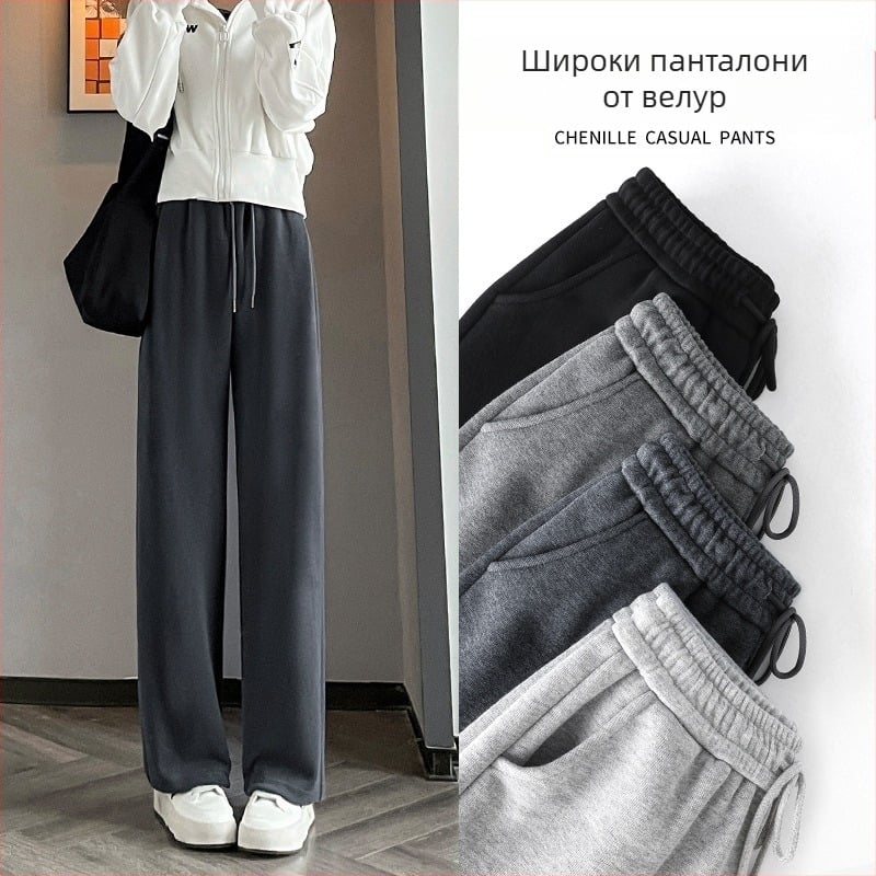 Сиви тесни дамски пролетни, есенни и зимни спортни панталони с висока талия, прави драпирани малки ежедневни спортни дълги панталони