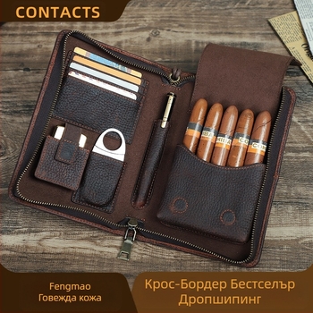 Кожена кутия за пури с ретро мотив, модел Crazy Horse, за пътуване, преносима, от естествена кожа, чанта за съхранение на пет пури