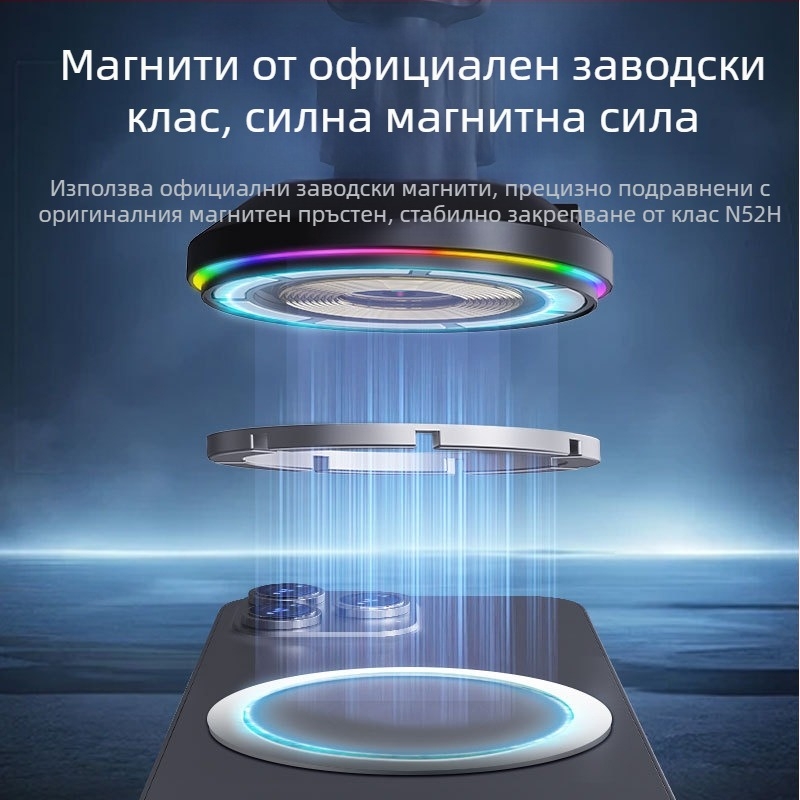 Новото безжично зарядно за кола с кръгли RGB светлини, трансгранично за мобилен телефон Apple, MagSafe магнитно засмукване, безжично зареждане