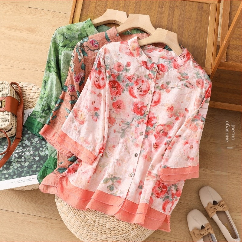 Лятна персонализирана риза с щампа от памук и лен, тънък кардиган с щампа, свободна, винтидж, шевове