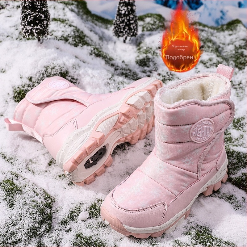 Детски снежни ботуши, нови зими 2024, топли, с поларена подплата, дебели памучни ботуши за момичета, противоплъзгащи се, със стоманени каишки и студоустойчиви памучни обувки