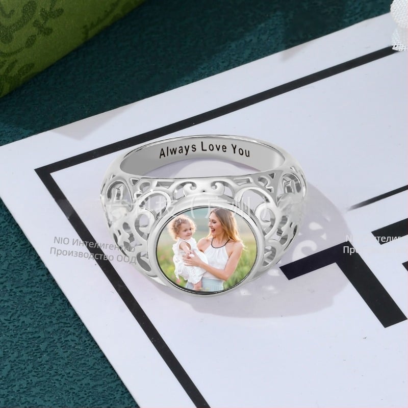 Персонализиран сребърен пръстен от ретро цвят със снимка, персонализиран трансграничен европейски и американски горещо продаван висок клас бижута за жени